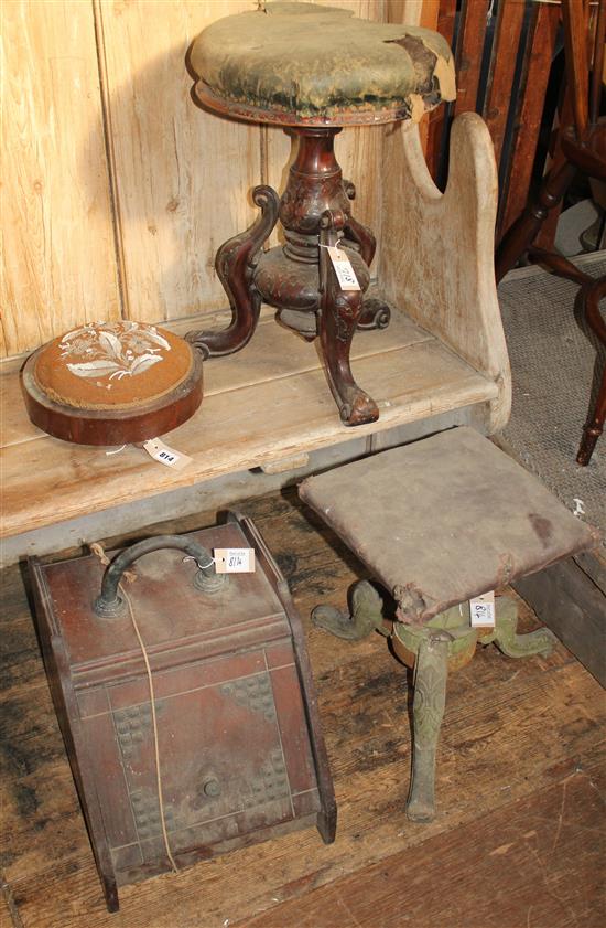 Two Victorian circular adjustable piano stools, a circular footstool and a coal purdonium (faults)